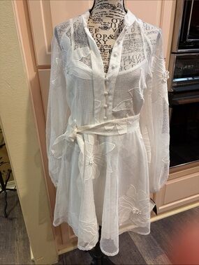 White Floral Embroidered Mesh Long-Sleeve Dress with Tie Waist floral appliqué